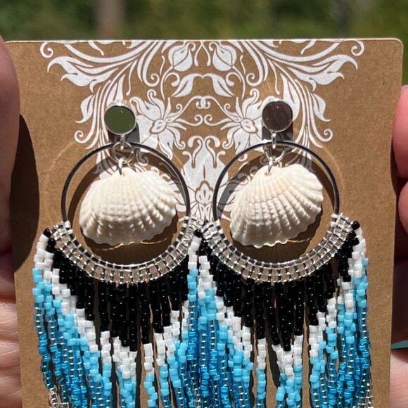 Handmade Beaded Long Tassel Fringe Dangle Drop Mermaid Post Shell Earrings - Picture 4 of 7